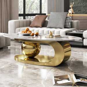 49.2 Inches Oval Faux Marble Coffee Table for Living Room with Stainless Steel Base