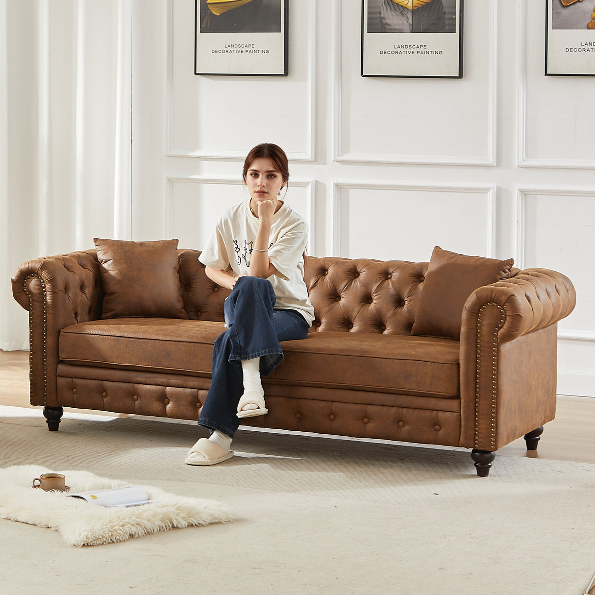 Tech Fabric Chesterfield Sofa with Rolled Arms - 3 Seater