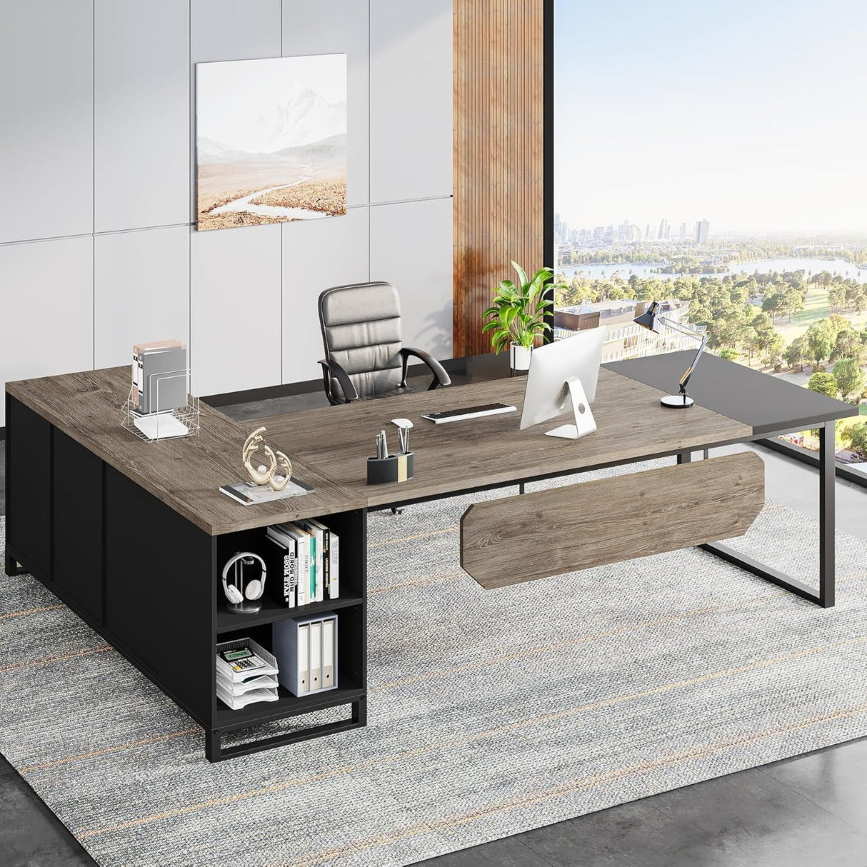 L-Shaped Executive Desk With File Cabinet, Computer Workstation With Storage