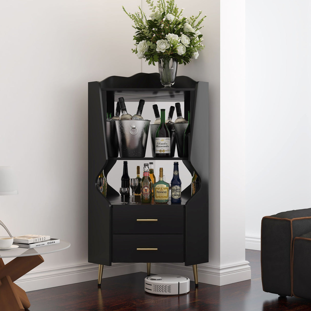 Corner Bar Cabinet With Mirrored Back, 2 Open Shelves & 2 Drawers