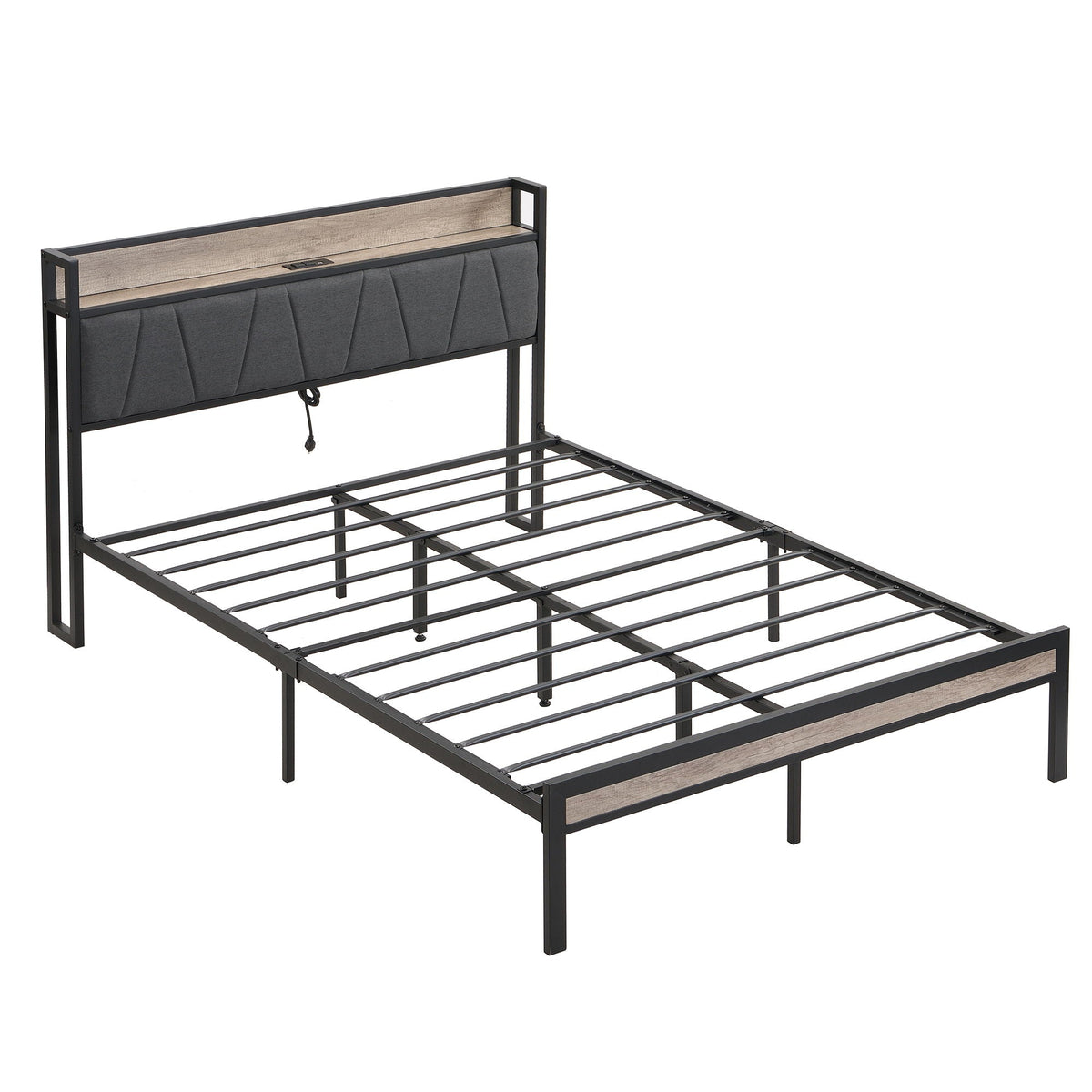 Modern Bed Frame With LED Lights, Upholstered Headboard, USB Charging