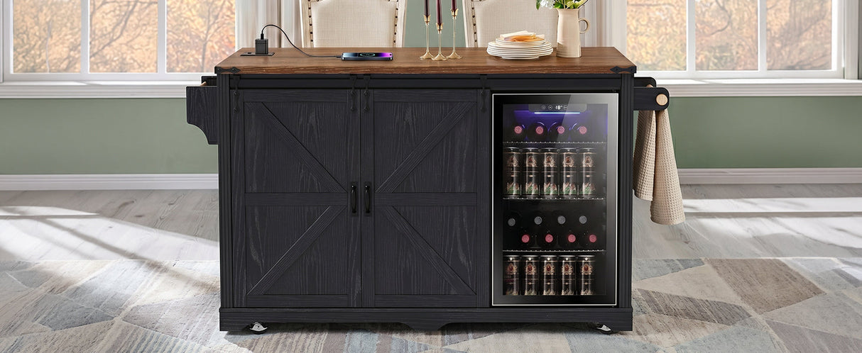 K&K 72" Farmhouse Kitchen Island with Fridge Storage Space & Power Outlet