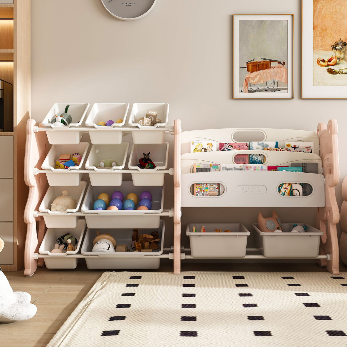 Kids Toy Storage Organizer With 2 Tier Bookshelf, Toy Storage With 12 Bins
