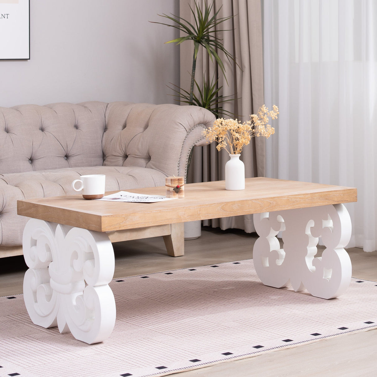 Ornate Wood Coffee Table – 47' Rectangular Farmhouse Style Table with White Carved Base and Natural Wood Top – Living Room Accent Table – Elegant Centerpiece for Modern or Traditional Decor