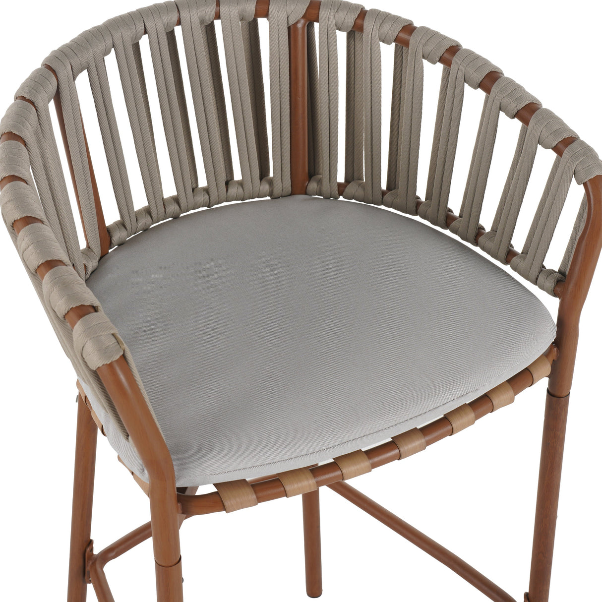 Lodi Outdoor Metal Rope Barstool, Teak Finished Frame and Beige Cushion, Set of 4