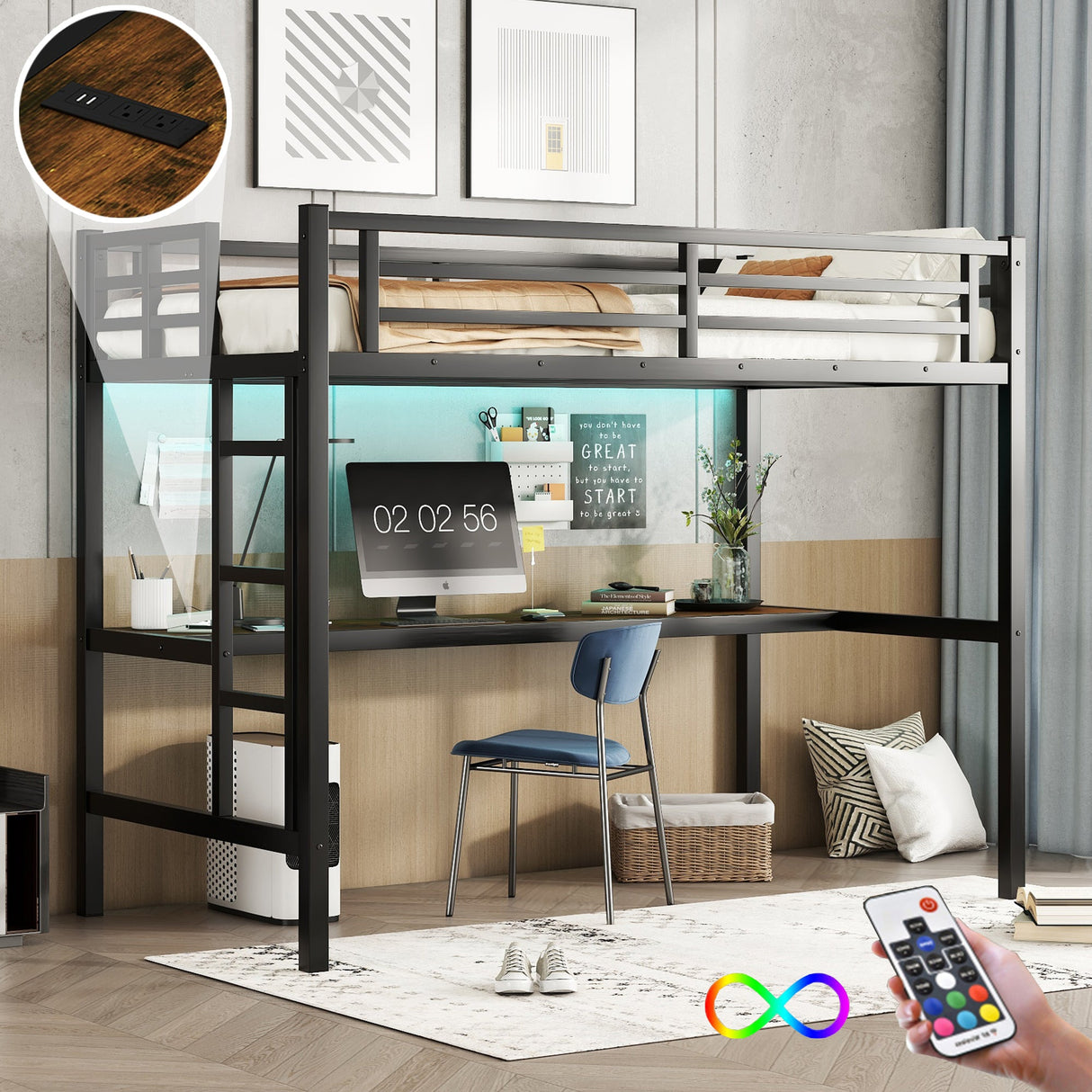 Metal Twin XL Size Loft Bed with Power Outlet and LED Light