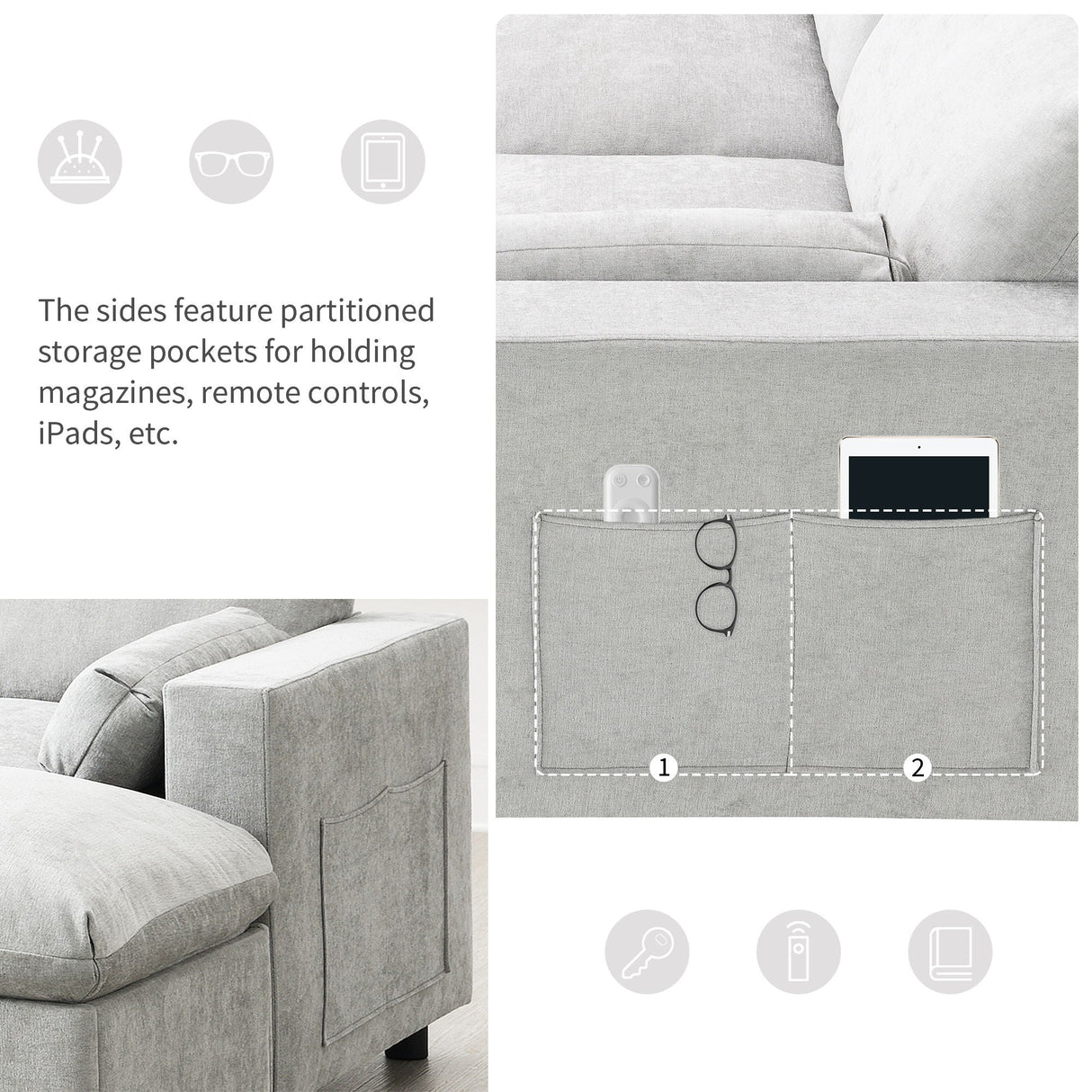 Modular Sectional With Storage Pockets, 5 Seat U Shaped Couch Set With Pillows, Free Combination Modern Cloud Sofa With 2 Movable Ottoman