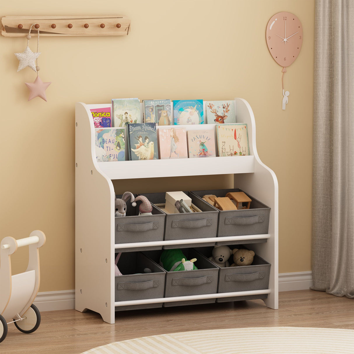 Bookshelf With 6 Storage Bins, Multi Functional Children's Bookcase And Toy Organizer - White