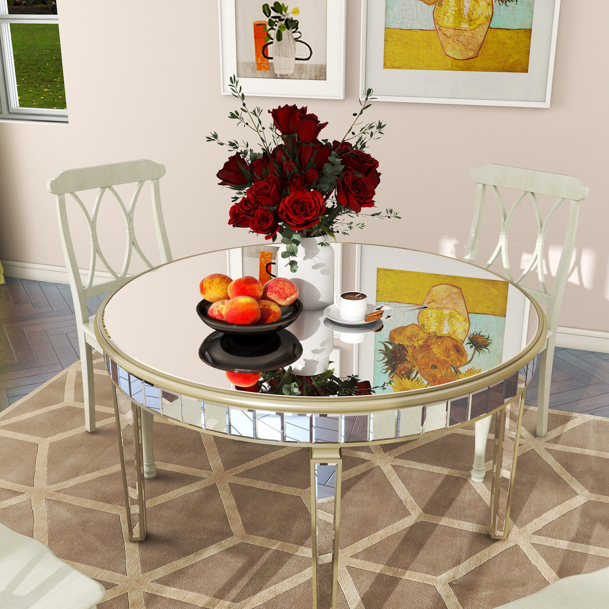 Round Glass Dining Table with Mirror Top