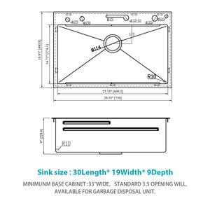 30" Whale Digital Waterfall Kitchen Sink with LED Display, 16 Gauge, Gunmetal Black