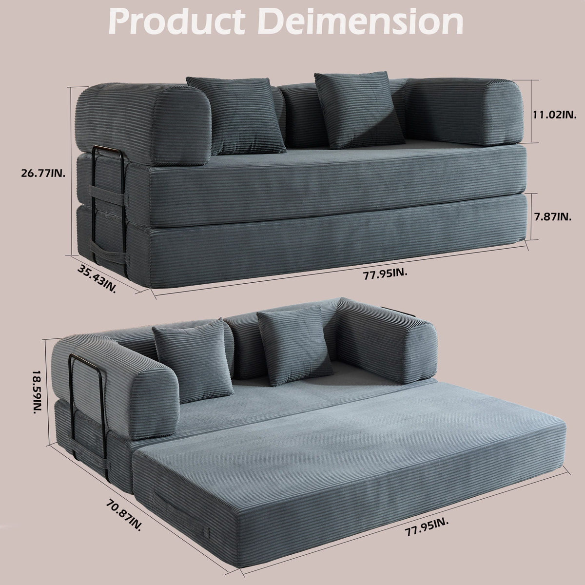 Convertible Sleeper Sofa Bed with Fixed Shape Frame and Cylindrical Pillow - Fabric