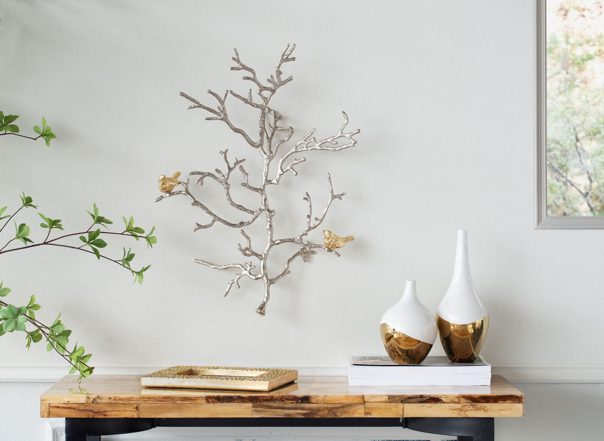 Metal Branch Wall Sculptures With Bird Accents (Set of 2) - Silver Multi