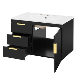 Modern Wall Mounted Bathroom Cabinet with Ceramic Sink, Soft-Closing Drawer and Door