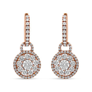 18K Rose Gold 1 1/2 Cttw Round Shaped Diamond Composite Drop and Dangle Leverback Earrings (F-G Color, VS1-VS2 Clarity)