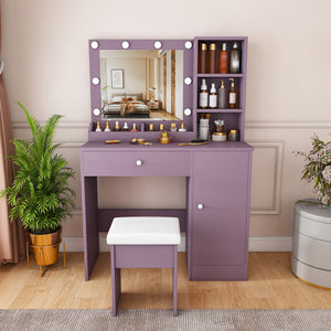 Stylish Vanity Desk Set with Padded Stool & Adjustable Lighted Mirror