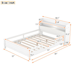 Wood Platform Bed With Built In LED Light, Storage Headboard And Guardrail