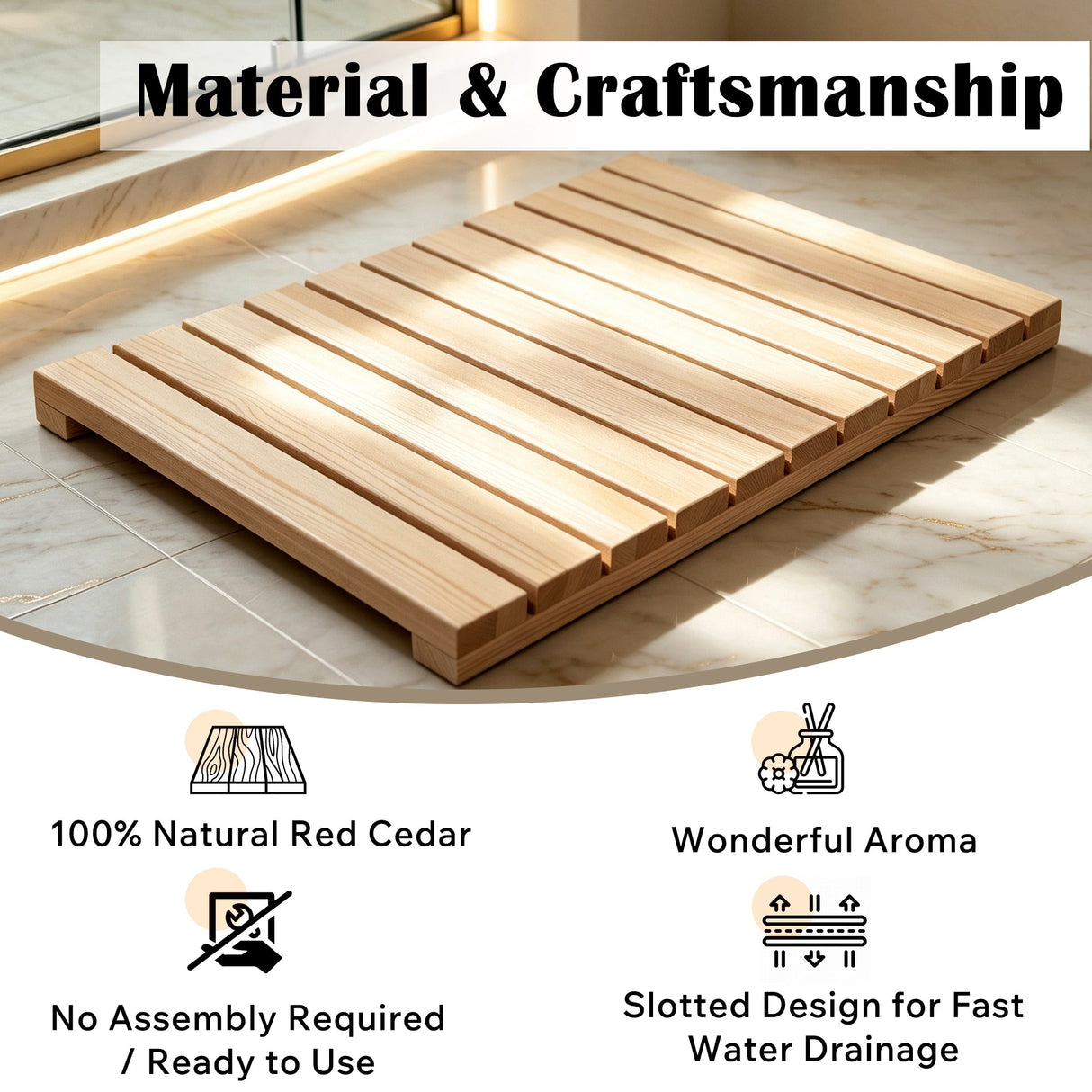 Cedar Wood Shower Mat - Non-Slip Slatted Bath Mat