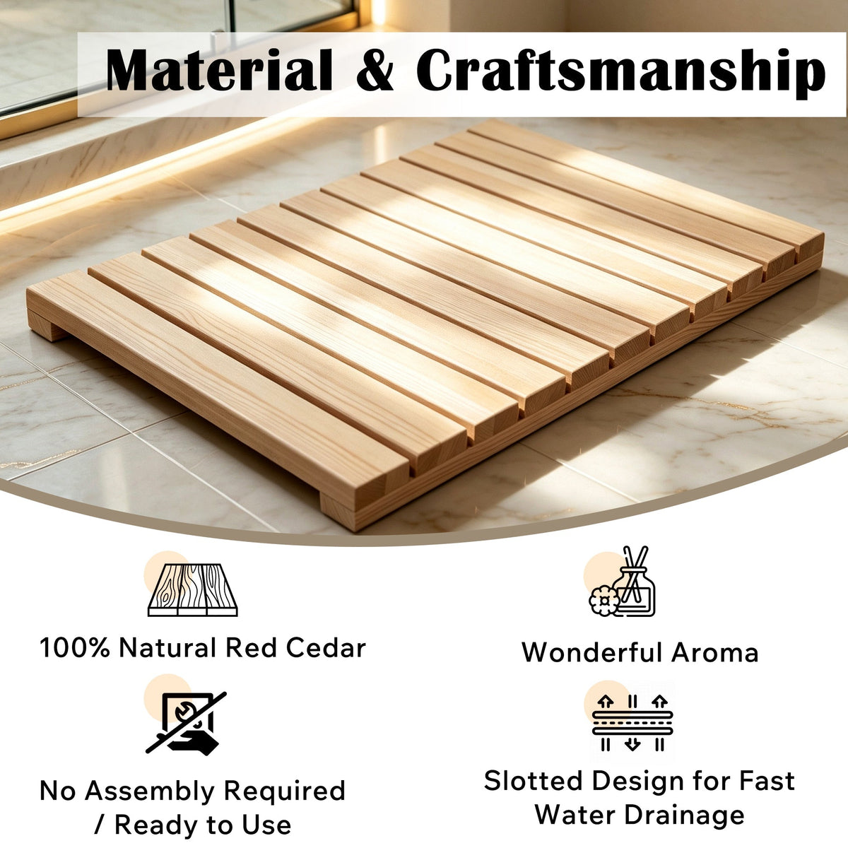 Cedar Wood Shower Mat - Non-Slip Slatted Bath Mat