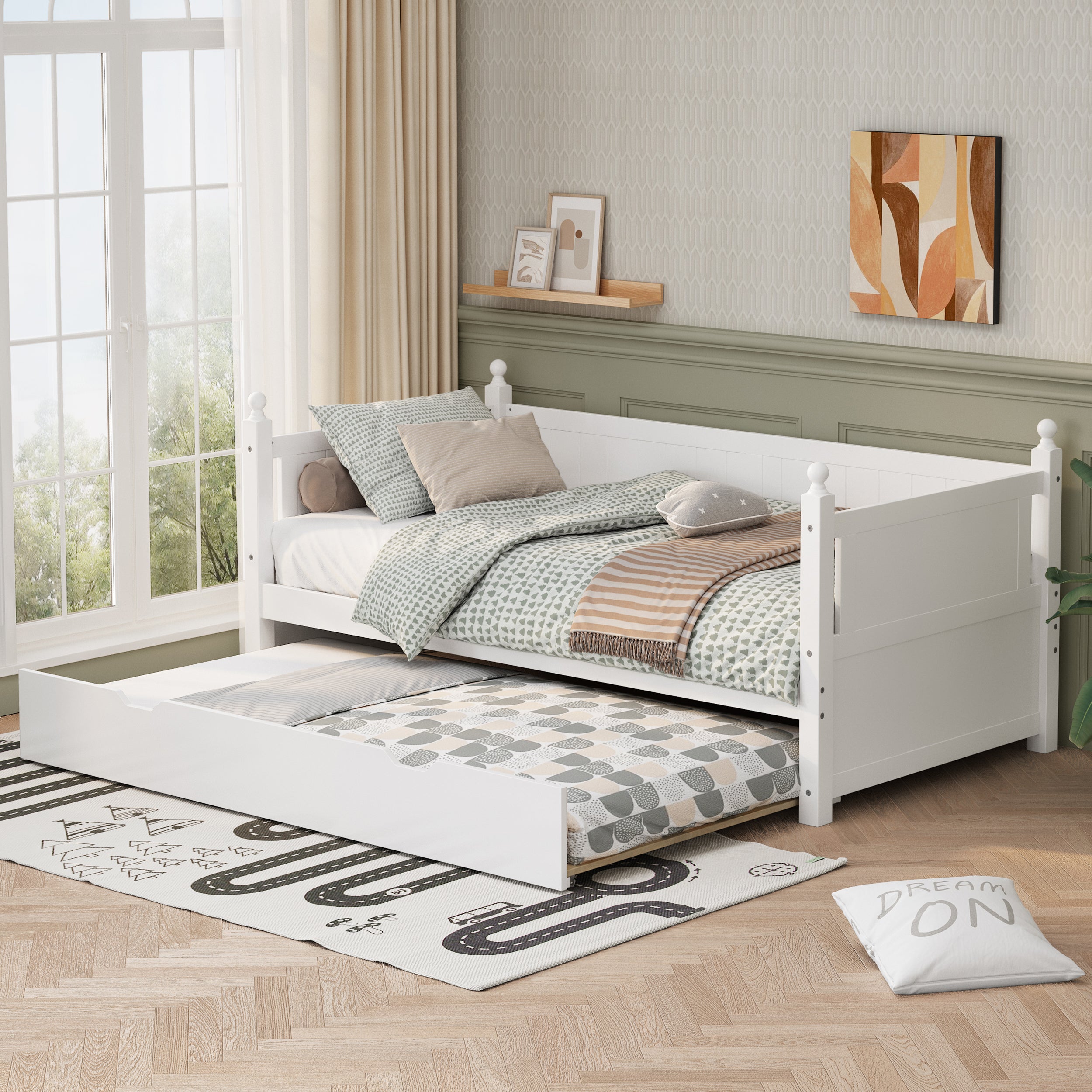 Twin-Size-Solid-Wood-Daybed-with-Trundle-for-Limited-Space-Kids,-Teens,-Adults,-No-Need-Box-Spring,-White-Kids-Beds