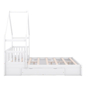 House Style Platform Bed With Guardrail And 2 Drawers