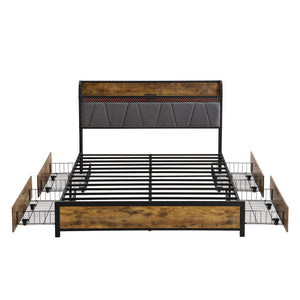 Modern Bed Frame With LED Lights, Upholstered Headboard, USB Charging