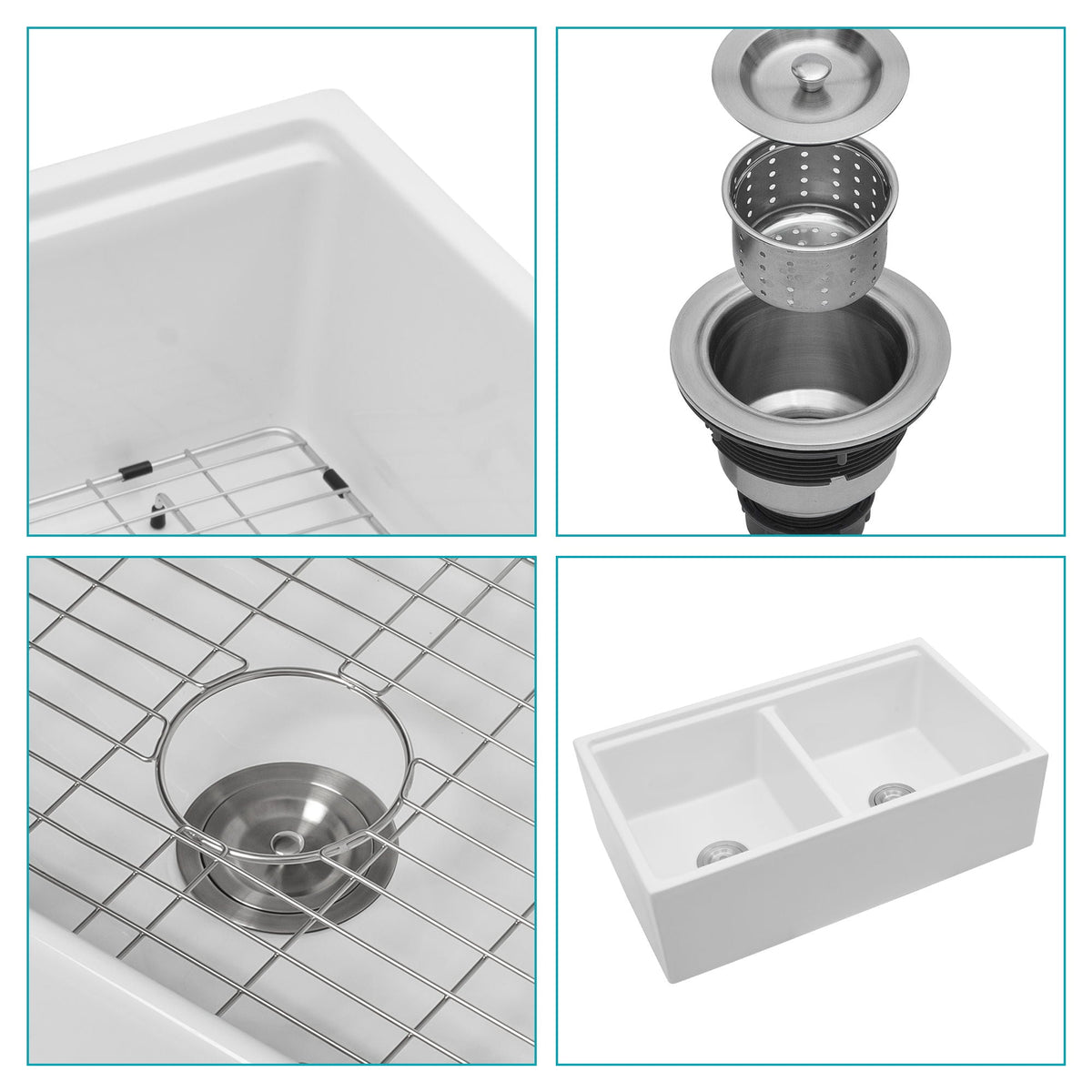 Farmhouse Sink Workstation 33" Ceramic Double Bowl Kitchen Sink With Ledges - White
