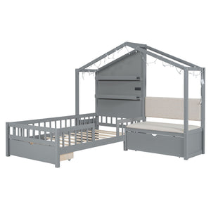 House Bed With Upholstered Sofa, Wireless Charging Station, Shelves And 2 Drawers