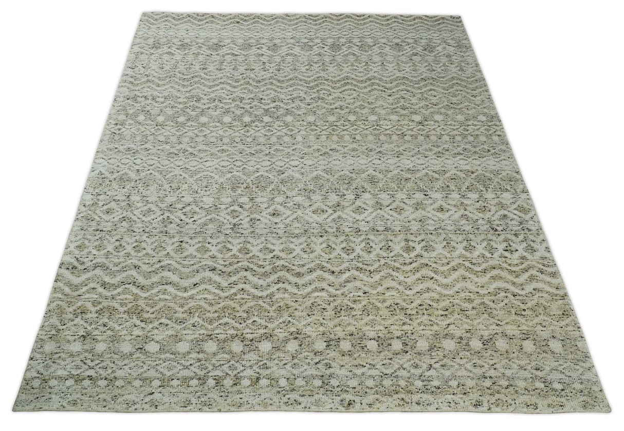 Hand Knotted Ivory, Beige and Brown  Modern Contemporary Southwestern Tribal Trellis Recycled Silk Area Rug