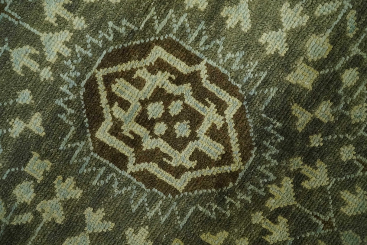 9x12 Antique Style Hand Knotted Green and Silver Medallion Pattern Wool Area Rug