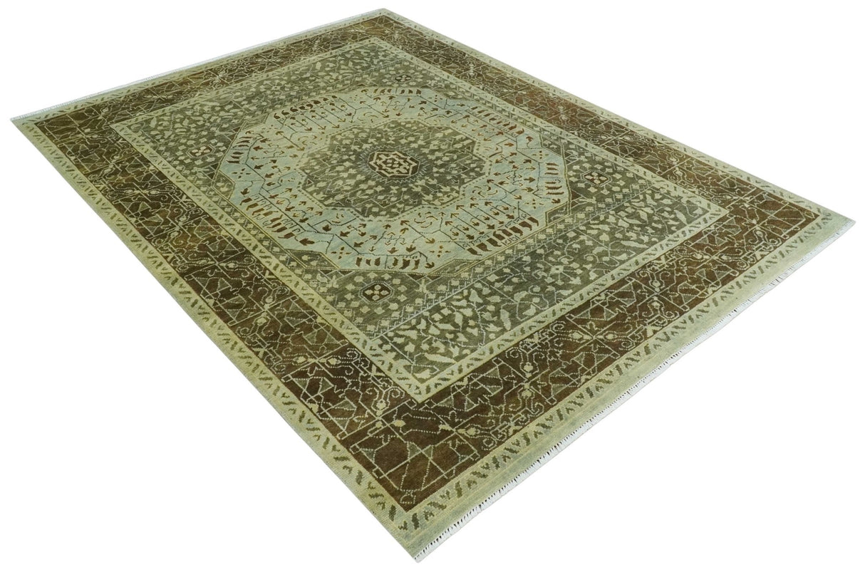 9x12 Antique Style Hand Knotted Green and Silver Medallion Pattern Wool Area Rug