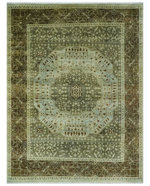 9x12 Antique Style Hand Knotted Green and Silver Medallion Pattern Wool Area Rug