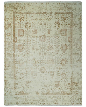 9x12 Fine Hand Knotted Beige and Brown Traditional Vintage Style Wool and Silk Rug