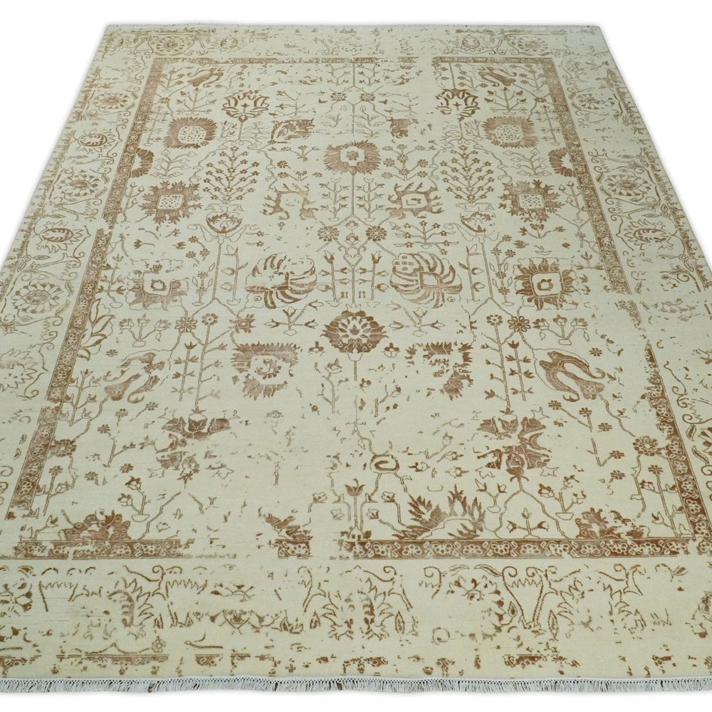 9x12 Fine Hand Knotted Beige and Brown Traditional Vintage Style Wool and Silk Rug