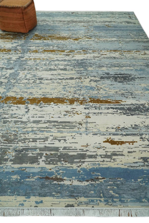 9x12 Fine Hand Knotted Ivory and Blue Modern Abstract Style Wool and Silk Area Rug