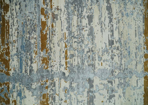 9x12 Fine Hand Knotted Ivory and Blue Modern Abstract Style Wool and Silk Area Rug