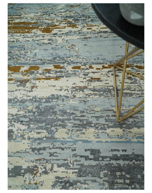9x12 Fine Hand Knotted Ivory and Blue Modern Abstract Style Wool and Silk Area Rug