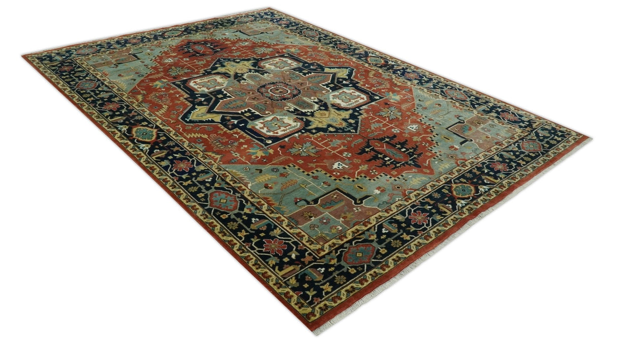 9x12 Fine Hand Knotted Rust, Blue and Aqua Traditional Heriz wool area rug