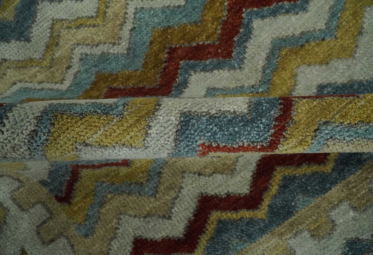 9x12 Gray, Maroon, Ivory and Mustard Stripes Pattern Hand knotted wool Area Rug