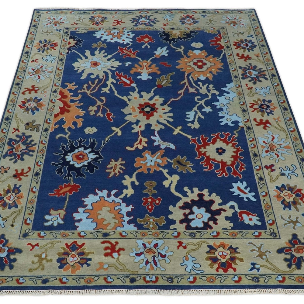 9x12 Hand Knotted Blue and Beige Colorful Oushak Wool Area Rug