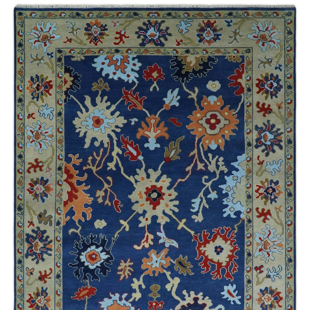 9x12 Hand Knotted Blue and Beige Colorful Oushak Wool Area Rug