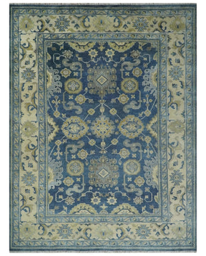 9x12 Hand Knotted Blue and Beige Traditional Oushak Wool Area Rug