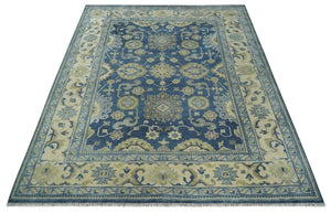 9x12 Hand Knotted Blue and Beige Traditional Oushak Wool Area Rug