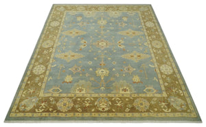 9x12 Hand Knotted Blue and Brown Traditional Antique Style Wool Area Rug