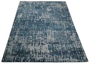 9x12 Hand Knotted Blue and Silver Modern Abstract Contemporary Recycled Silk Area Rug