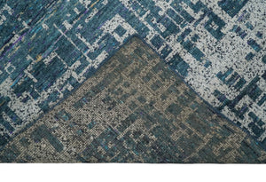 9x12 Hand Knotted Blue and Silver Modern Abstract Contemporary Recycled Silk Area Rug