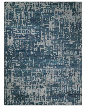 9x12 Hand Knotted Blue and Silver Modern Abstract Contemporary Recycled Silk Area Rug