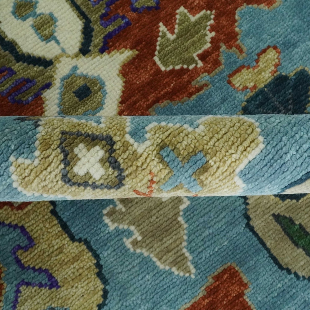 9x12 Hand Knotted Blue, Ivory and Gray vibrant Colorful Oushak Wool Area Rug