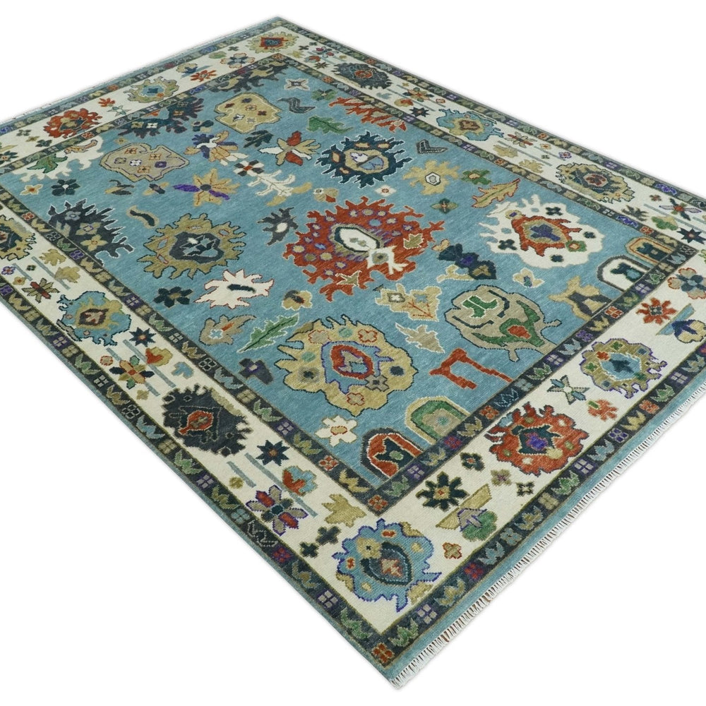 9x12 Hand Knotted Blue, Ivory and Gray vibrant Colorful Oushak Wool Area Rug