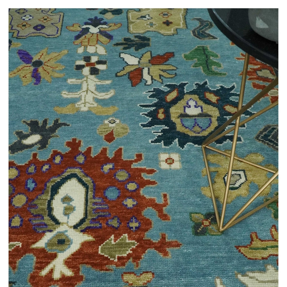 9x12 Hand Knotted Blue, Ivory and Gray vibrant Colorful Oushak Wool Area Rug