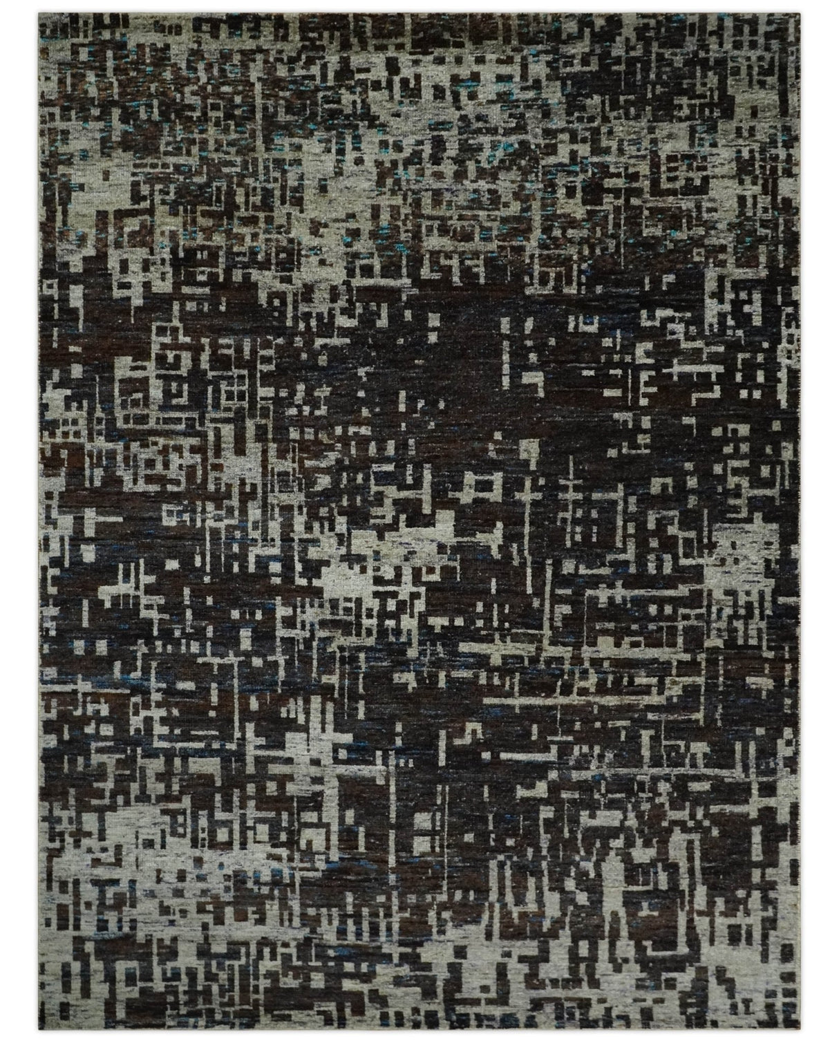 5x8 and 9x12 Hand Knotted Silver, Charcoal and Brown Modern Abstract  Recycled Silk Area Rug
